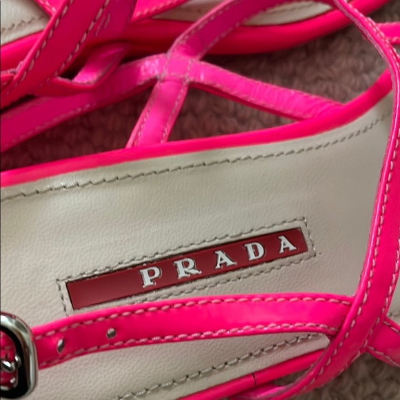 Prada Neon Pink Patent Leather Sandals, Wedge Heel, Size 8 1/2 - Picture 7 of 10